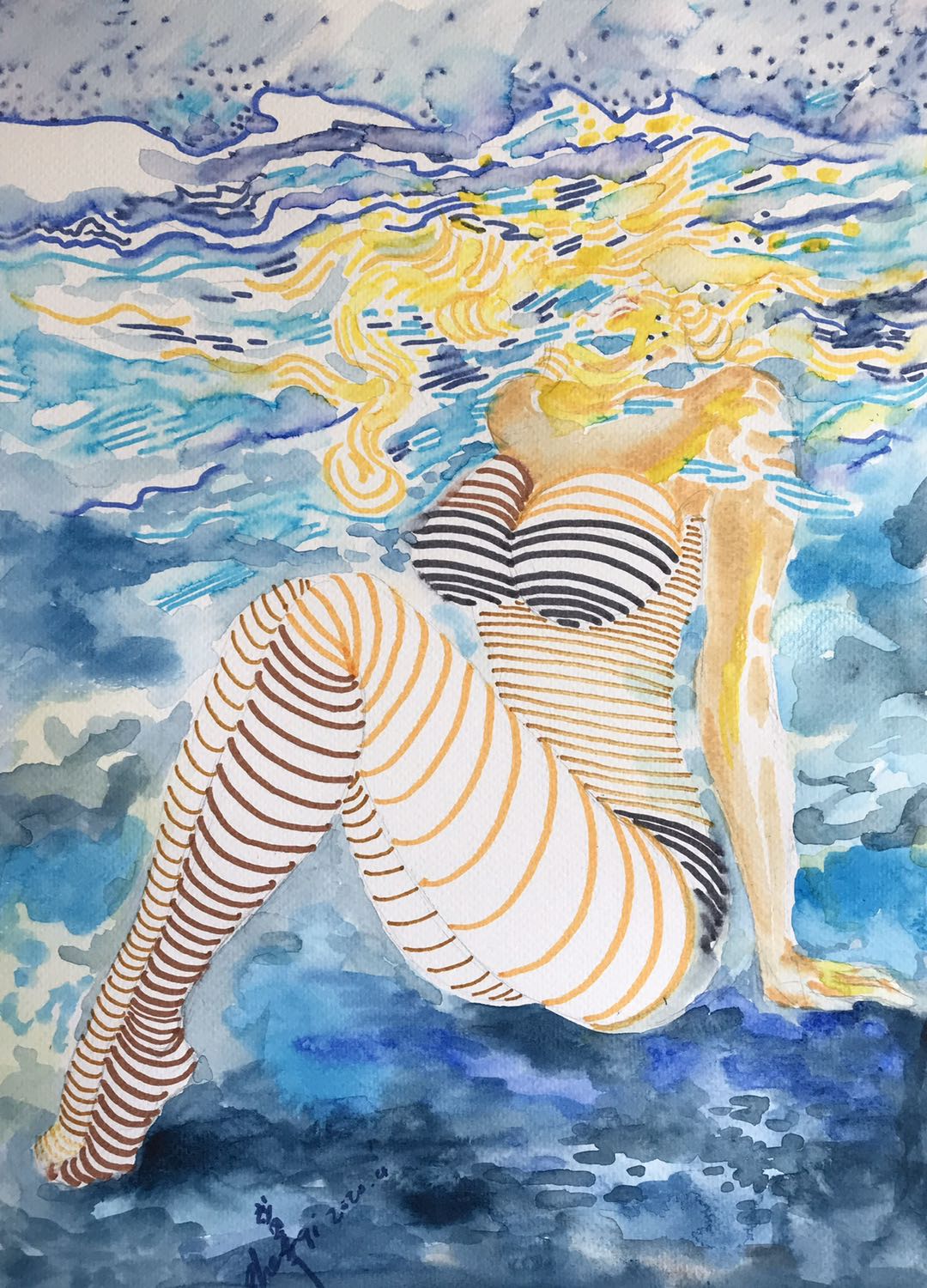 Floating dream-Black and White Striped Bikini